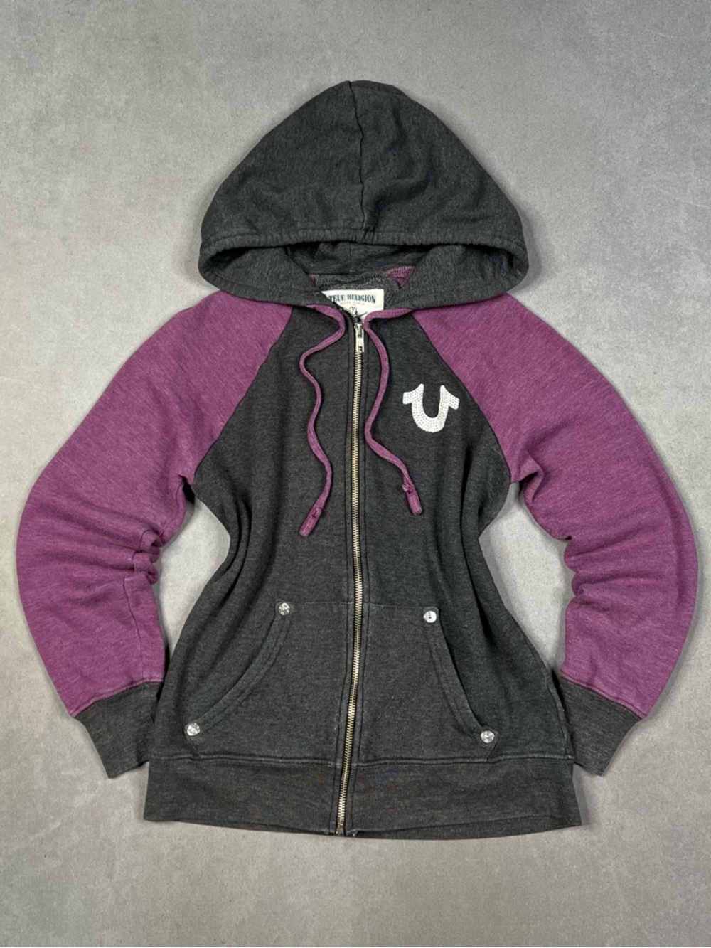 True Religion Zip-Up Hoodie in Charcoal and Purple Raglan